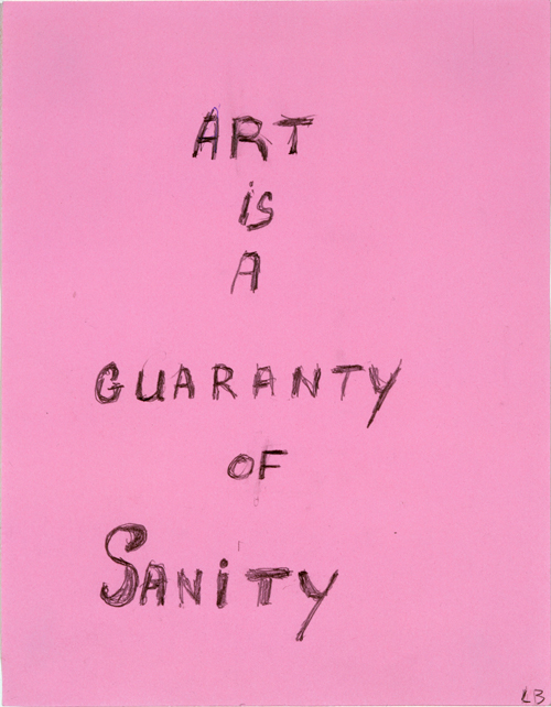 pink handwritten note saying 'art is a guaranty of sanity